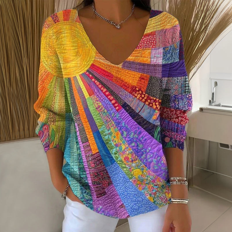 Lorella | Maglietta vintage multicolore con scollo a V