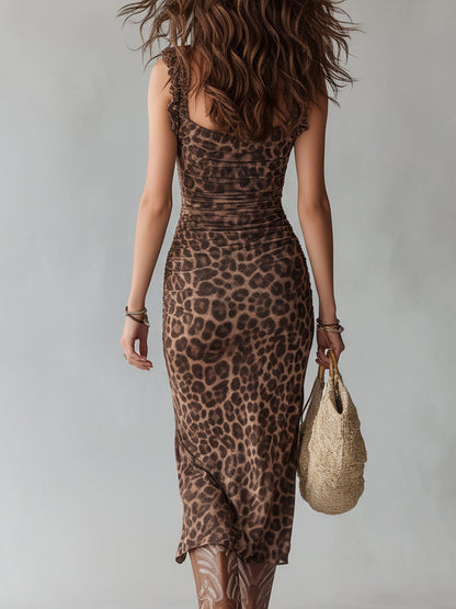Cecilia | Abito midi leopardato con ruches
